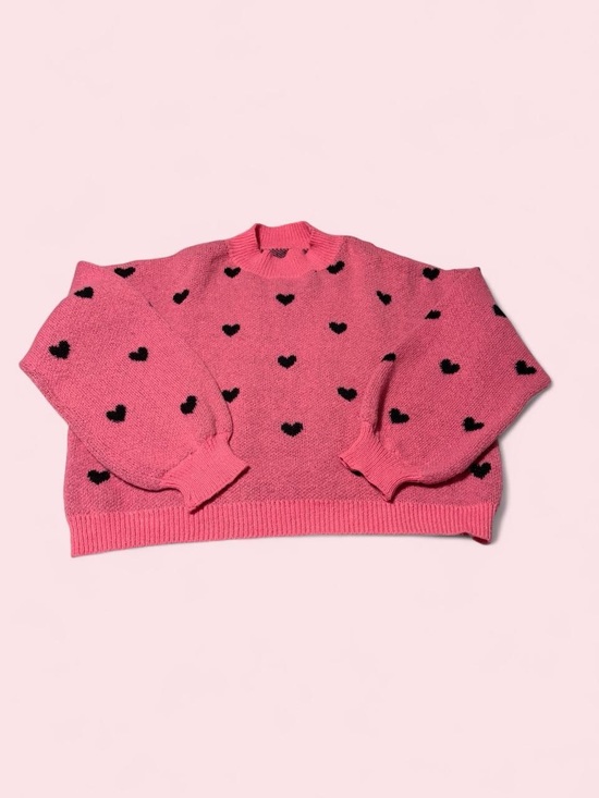 SHEIN Sweaters - SHEIN Pink Crewneck Sweater with Black Heart Motif